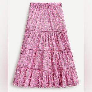 J. Crew tiered midi skirt in pink vines block print. Size small.
